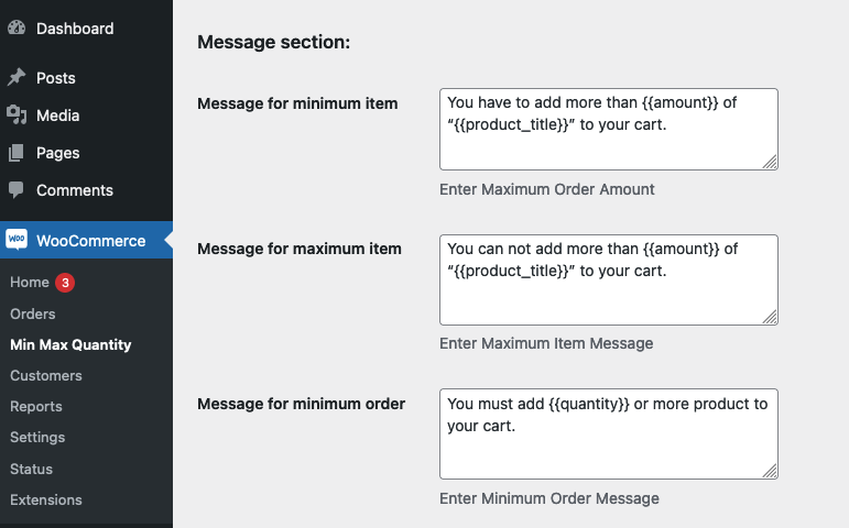 Custom minimum and maximum quantity error message settings