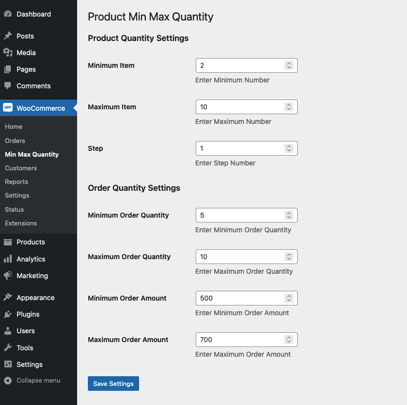 MinMax Quantities global settings for minimum, maximum and step quantity and order limits in WooCommerce