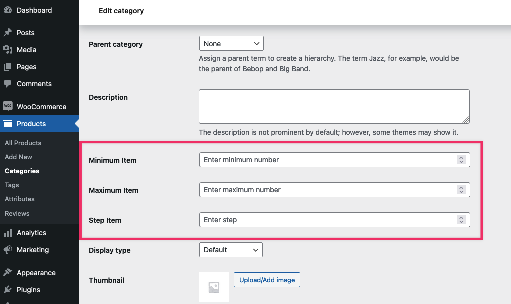 Minimum, maximum and step quantity fields on a WooCommerce product category
