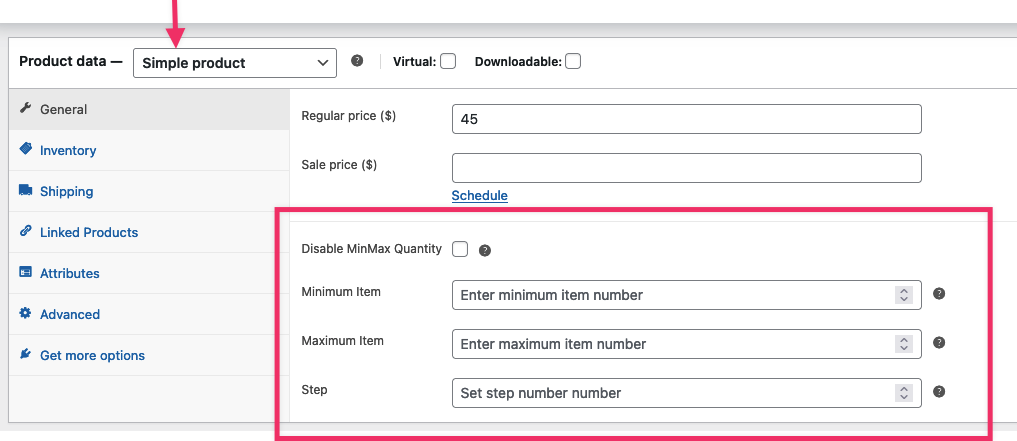 Minimum, maximum and step quantity settings on a WooCommerce simple product