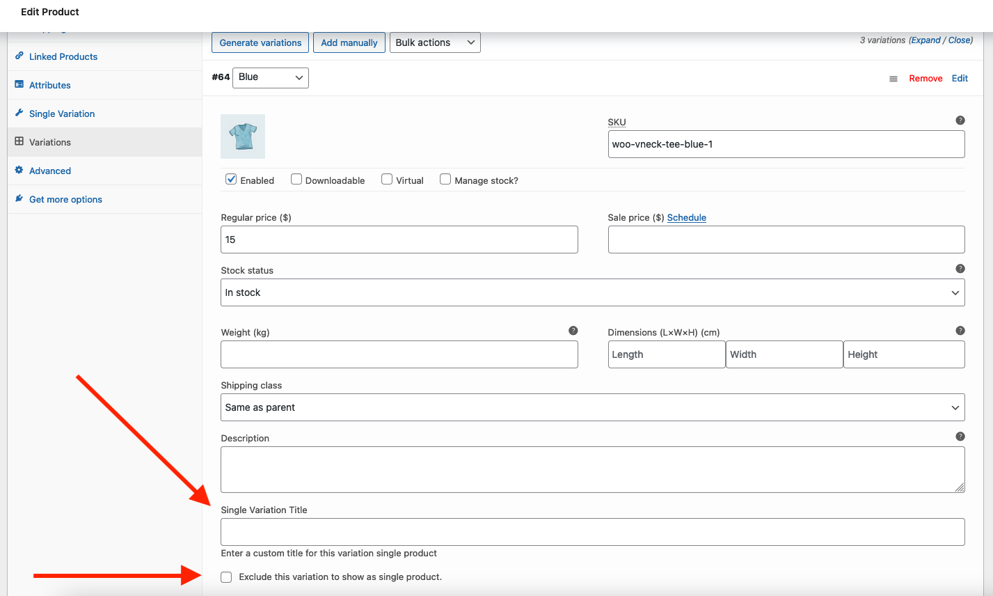 Exclude an individual variation and set a custom variation title