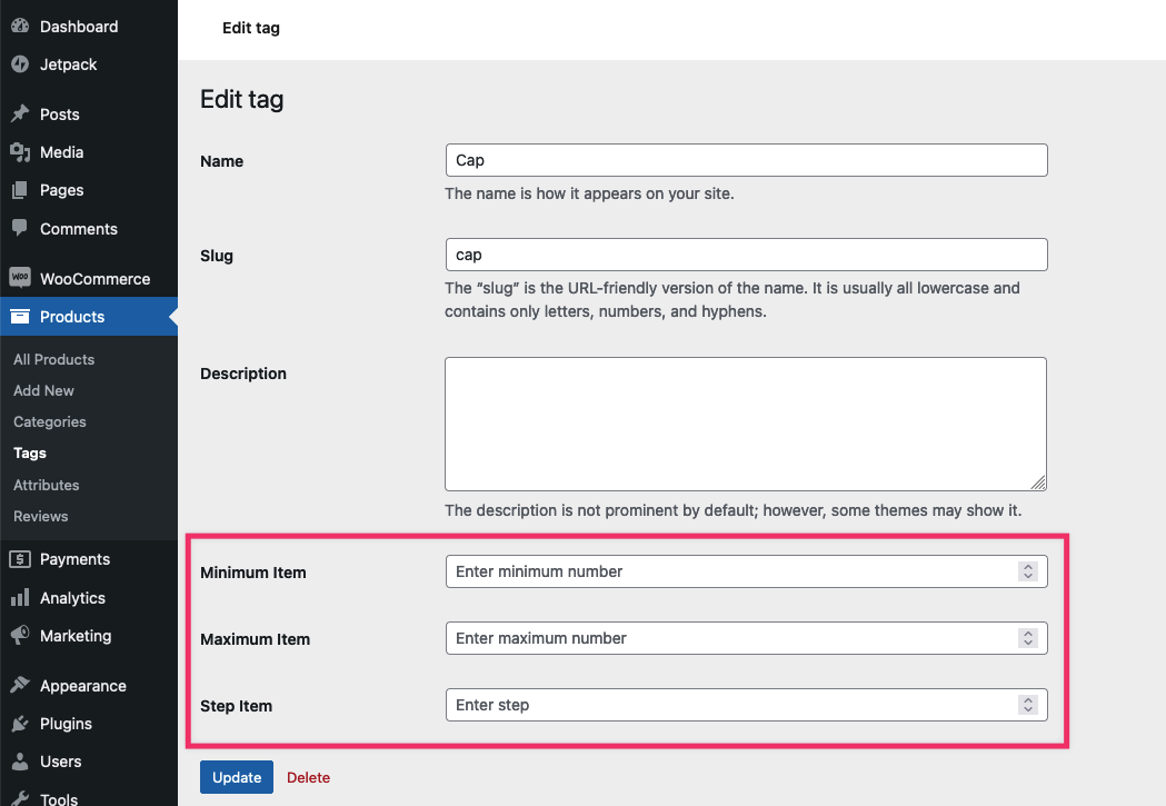 Minimum, maximum and step quantity fields on a WooCommerce product tag