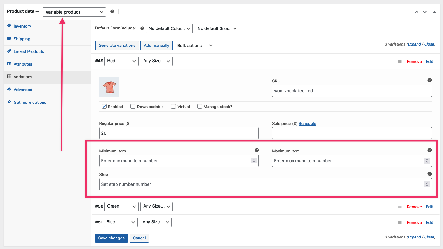Minimum, maximum and step quantity fields on a WooCommerce product variation