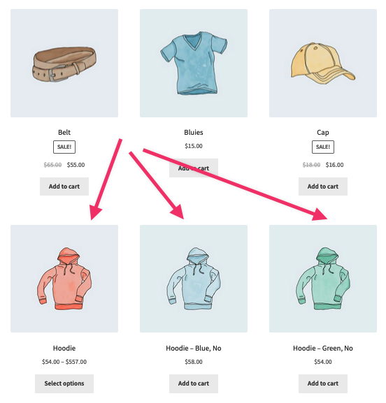 Single variations placed beside their parent product in the catalogue