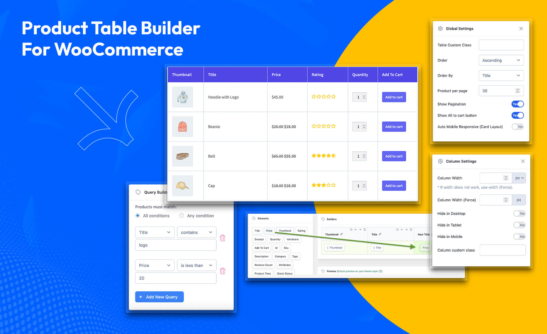 WooCommerce product table with images, prices and add to cart buttons