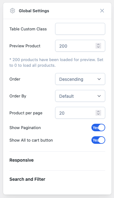 Product table settings for search, filters, sorting and pagination