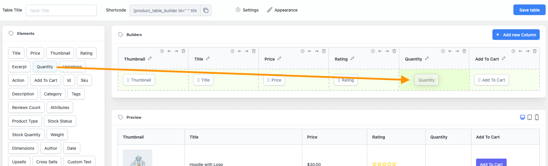 Drag-and-drop WooCommerce product table builder