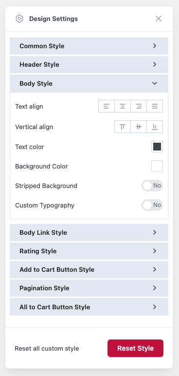 Product table appearance and typography settings