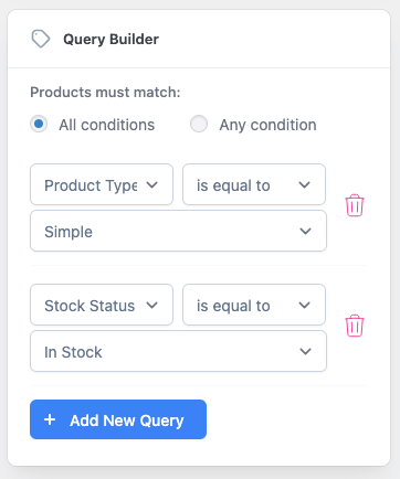Product table query builder with filter conditions