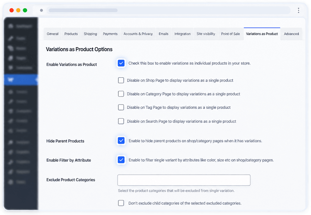 Variations as Single Product settings for shop, category, tag and search pages