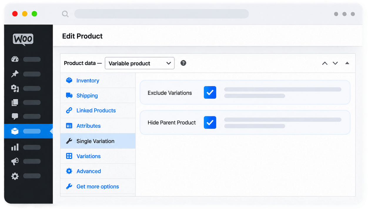 Per-product setting to exclude variations and hide the parent product